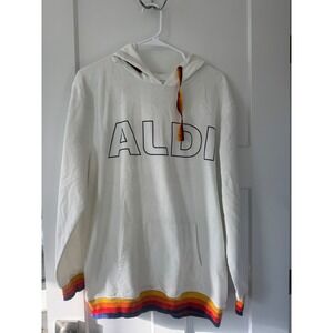 ALDI Gear White Hoodie Rainbow Stripe Accent Logo Hooded Sweatshirt Size L